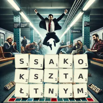 Kreatywna ilustracja do gry w Scrabble ze słowem SSAKOKSZTAŁTNYM ułożonym z płytek na planszy.