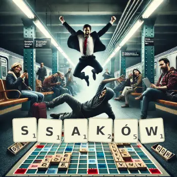 Kreatywna ilustracja do gry w Scrabble ze słowem SSAKÓW ułożonym z płytek na planszy.