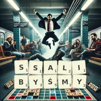 Kreatywna ilustracja do gry w Scrabble ze słowem SSALIBYŚMY ułożonym z płytek na planszy.
