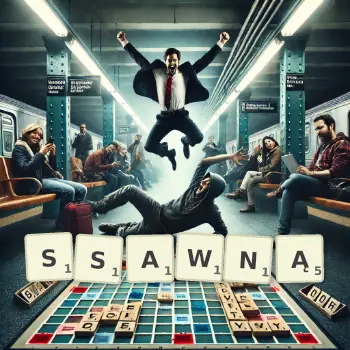Kreatywna ilustracja do gry w Scrabble ze słowem SSAWNĄ ułożonym z płytek na planszy.