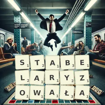 Kreatywna ilustracja do gry w Scrabble ze słowem STABELARYZOWAŁA ułożonym z płytek na planszy.