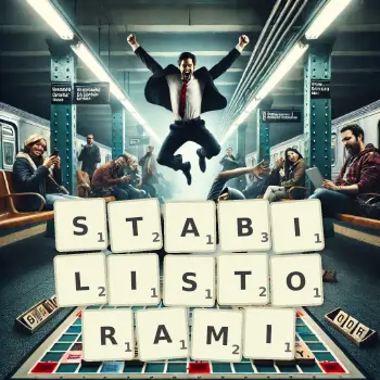 Kreatywna ilustracja do gry w Scrabble ze słowem STABILISTORAMI ułożonym z płytek na planszy.