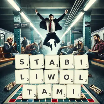 Kreatywna ilustracja do gry w Scrabble ze słowem STABILIWOLTAMI ułożonym z płytek na planszy.