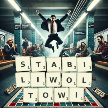 Kreatywna ilustracja do gry w Scrabble ze słowem STABILIWOLTOWI ułożonym z płytek na planszy.