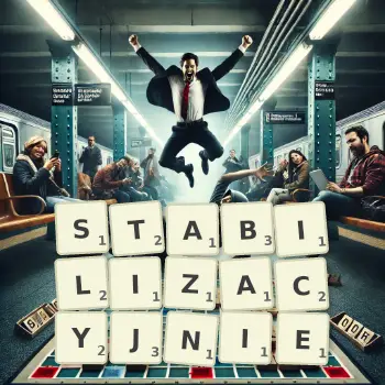 Kreatywna ilustracja do gry w Scrabble ze słowem STABILIZACYJNIE ułożonym z płytek na planszy.