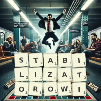 Kreatywna ilustracja do gry w Scrabble ze słowem STABILIZATOROWI ułożonym z płytek na planszy.