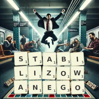 Kreatywna ilustracja do gry w Scrabble ze słowem STABILIZOWANEGO ułożonym z płytek na planszy.