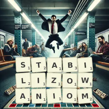 Kreatywna ilustracja do gry w Scrabble ze słowem STABILIZOWANIOM ułożonym z płytek na planszy.