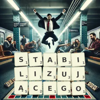 Kreatywna ilustracja do gry w Scrabble ze słowem STABILIZUJĄCEGO ułożonym z płytek na planszy.