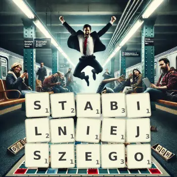 Kreatywna ilustracja do gry w Scrabble ze słowem STABILNIEJSZEGO ułożonym z płytek na planszy.