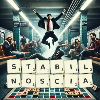 Kreatywna ilustracja do gry w Scrabble ze słowem STABILNOSCIA ułożonym z płytek na planszy.