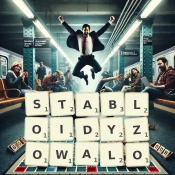 Kreatywna ilustracja do gry w Scrabble ze słowem STABLOIDYZOWALO ułożonym z płytek na planszy.