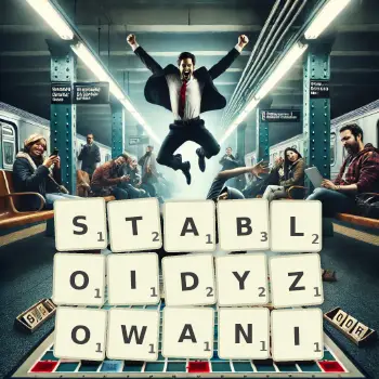 Kreatywna ilustracja do gry w Scrabble ze słowem STABLOIDYZOWANI ułożonym z płytek na planszy.