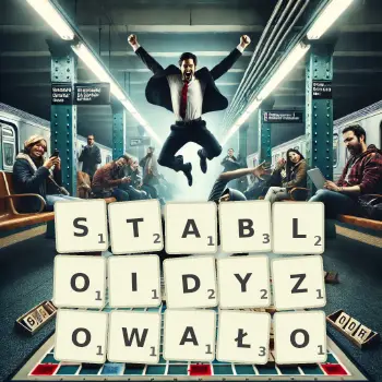 Kreatywna ilustracja do gry w Scrabble ze słowem STABLOIDYZOWAŁO ułożonym z płytek na planszy.