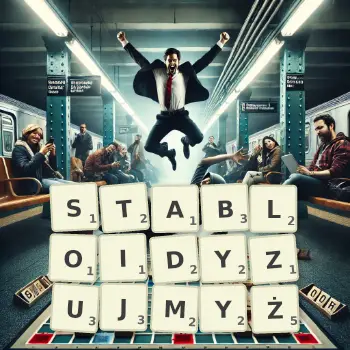 Kreatywna ilustracja do gry w Scrabble ze słowem STABLOIDYZUJMYŻ ułożonym z płytek na planszy.