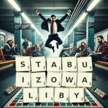 Kreatywna ilustracja do gry w Scrabble ze słowem STABUIZOWALIBY ułożonym z płytek na planszy.