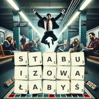 Kreatywna ilustracja do gry w Scrabble ze słowem STABUIZOWAŁABYŚ ułożonym z płytek na planszy.