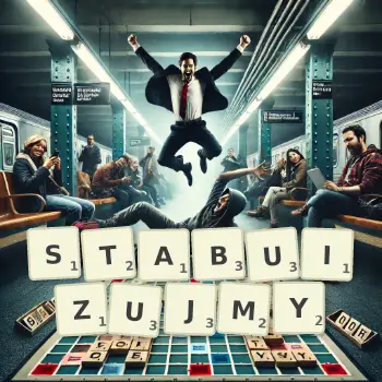 Kreatywna ilustracja do gry w Scrabble ze słowem STABUIZUJMY ułożonym z płytek na planszy.