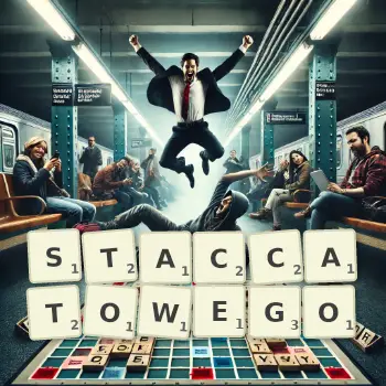 Kreatywna ilustracja do gry w Scrabble ze słowem STACCATOWEGO ułożonym z płytek na planszy.