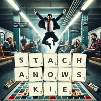 Kreatywna ilustracja do gry w Scrabble ze słowem STACHANOWSKIE ułożonym z płytek na planszy.