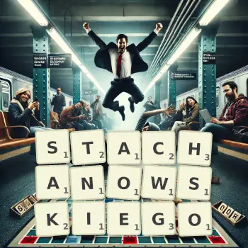 Kreatywna ilustracja do gry w Scrabble ze słowem STACHANOWSKIEGO ułożonym z płytek na planszy.