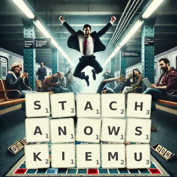 Kreatywna ilustracja do gry w Scrabble ze słowem STACHANOWSKIEMU ułożonym z płytek na planszy.