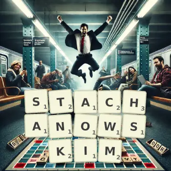 Kreatywna ilustracja do gry w Scrabble ze słowem STACHANOWSKIM ułożonym z płytek na planszy.