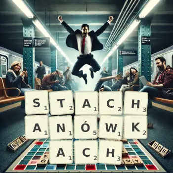 Kreatywna ilustracja do gry w Scrabble ze słowem STACHANÓWKACH ułożonym z płytek na planszy.