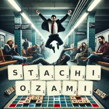 Kreatywna ilustracja do gry w Scrabble ze słowem STACHIOZAMI ułożonym z płytek na planszy.