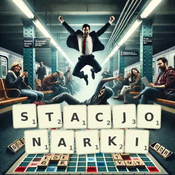Kreatywna ilustracja do gry w Scrabble ze słowem STACJONARKI ułożonym z płytek na planszy.