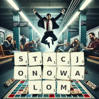 Kreatywna ilustracja do gry w Scrabble ze słowem STACJONOWALOM ułożonym z płytek na planszy.