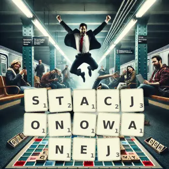 Kreatywna ilustracja do gry w Scrabble ze słowem STACJONOWANEJ ułożonym z płytek na planszy.