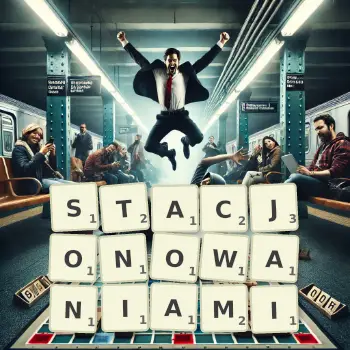 Kreatywna ilustracja do gry w Scrabble ze słowem STACJONOWANIAMI ułożonym z płytek na planszy.