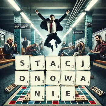 Kreatywna ilustracja do gry w Scrabble ze słowem STACJONOWANIE ułożonym z płytek na planszy.