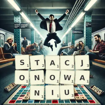 Kreatywna ilustracja do gry w Scrabble ze słowem STACJONOWANIU ułożonym z płytek na planszy.