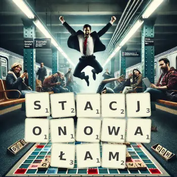 Kreatywna ilustracja do gry w Scrabble ze słowem STACJONOWAŁAM ułożonym z płytek na planszy.
