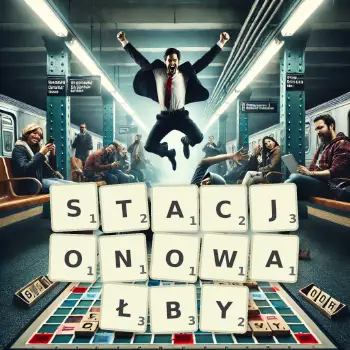 Kreatywna ilustracja do gry w Scrabble ze słowem STACJONOWAŁBY ułożonym z płytek na planszy.