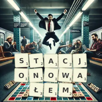 Kreatywna ilustracja do gry w Scrabble ze słowem STACJONOWAŁEM ułożonym z płytek na planszy.