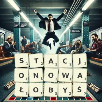 Kreatywna ilustracja do gry w Scrabble ze słowem STACJONOWAŁOBYŚ ułożonym z płytek na planszy.