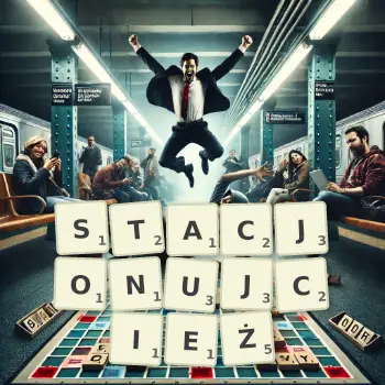 Kreatywna ilustracja do gry w Scrabble ze słowem STACJONUJCIEŻ ułożonym z płytek na planszy.