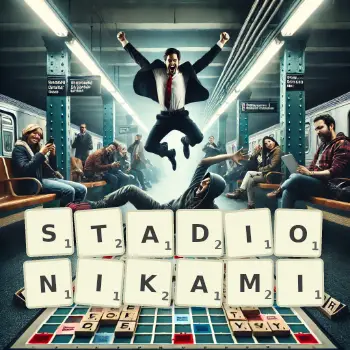 Kreatywna ilustracja do gry w Scrabble ze słowem STADIONIKAMI ułożonym z płytek na planszy.