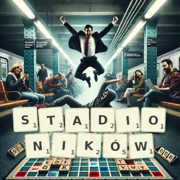Kreatywna ilustracja do gry w Scrabble ze słowem STADIONIKÓW ułożonym z płytek na planszy.