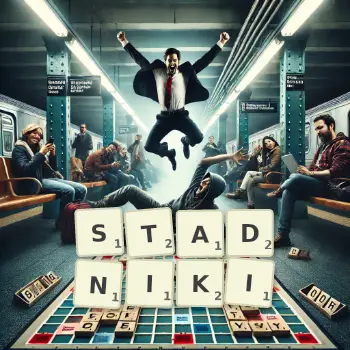 Kreatywna ilustracja do gry w Scrabble ze słowem STADNIKI ułożonym z płytek na planszy.