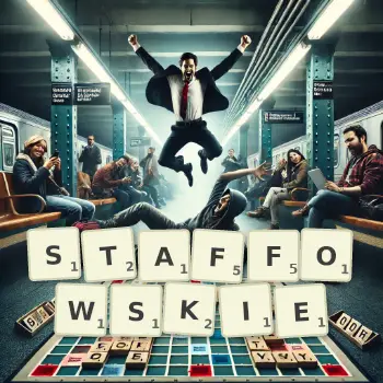 Kreatywna ilustracja do gry w Scrabble ze słowem STAFFOWSKIE ułożonym z płytek na planszy.