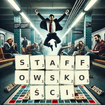 Kreatywna ilustracja do gry w Scrabble ze słowem STAFFOWSKOŚCI ułożonym z płytek na planszy.