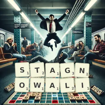 Kreatywna ilustracja do gry w Scrabble ze słowem STAGNOWALI ułożonym z płytek na planszy.