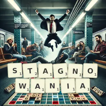 Kreatywna ilustracja do gry w Scrabble ze słowem STAGNOWANIA ułożonym z płytek na planszy.