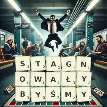 Kreatywna ilustracja do gry w Scrabble ze słowem STAGNOWAŁYBYŚMY ułożonym z płytek na planszy.