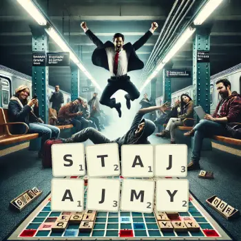 Kreatywna ilustracja do gry w Scrabble ze słowem STAJAJMY ułożonym z płytek na planszy.