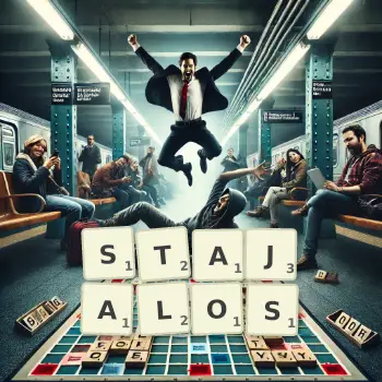 Kreatywna ilustracja do gry w Scrabble ze słowem STAJALOS ułożonym z płytek na planszy.
